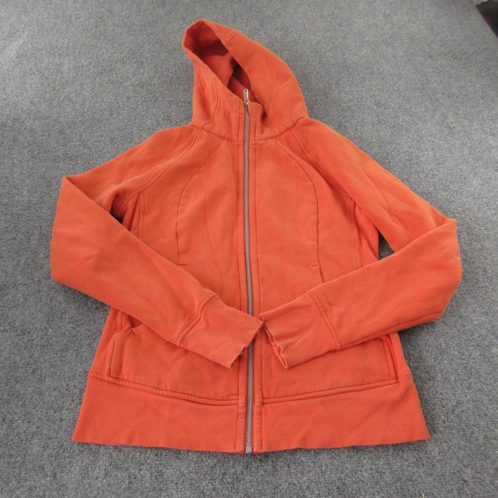 Lululemon Hoodie Womens Medium Orange Scuba Full Zip Sweatshirt Thumbholes Logo